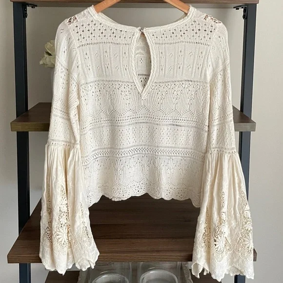 Free People Cream Crocheted Lace Bell Sleeve Top, Size XS Romantic Boho - Picture 9 of 15